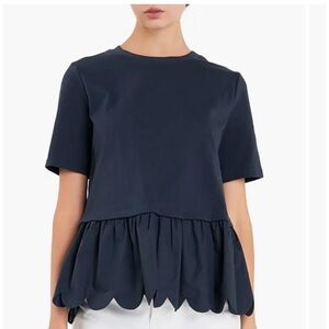 English Factory Crew Neck Dark Blue Scallop Peplum Cotton Blouse Size L